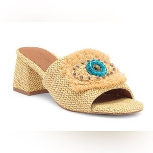 Kurt Geiger Women’s Eye Woven Raffia Block Heel Sandals Beige Sz 11 NWOB